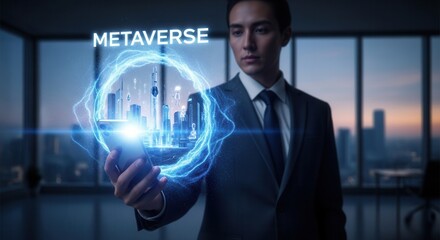 Businessman Holding Smartphone Projecting a Metaverse Gateway Hologram