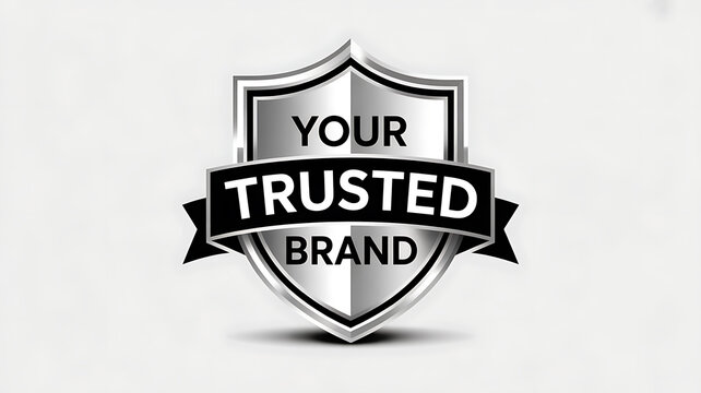 Silver shield with the words your trusted brand isolated on white background, representing security, trust, and reliability for business and branding