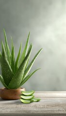 Healthy aloe vera plant with sliced leaves on a rustic wooden surface near a neutral wall