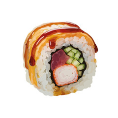 Colorful realistic vector sushi roll with avocado, tuna, crab stick, and rice topped with soy sauce, isolated on white background — traditional Japanese food concept.