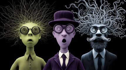 Drei lustige, ungew&ouml;hnliche Personen vor schwarzem Hintergrund.