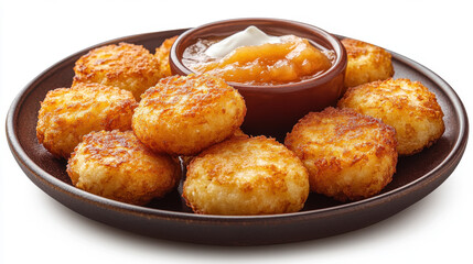 Golden, crispy potato pancakes served with side of applesauce and dollop of sour cream on dark plate, creating delicious and inviting presentation