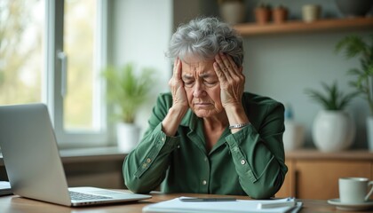 Elderly woman with hands on head feels pain from migraine or stress from laptop use. Mature female with grey hair looks tired, unwell, needing rest and relief.