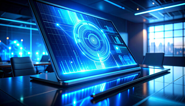 Tech Symphony: A futuristic laptop display glows with vibrant data visualizations, sitting on sleek table. In a high-tech boardroom, the digital world comes to life