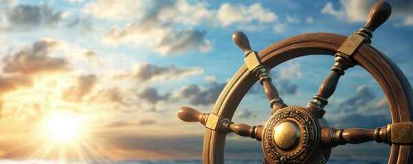 Vintage Ship Wheel Against a Beautiful Sunset Over Calm Sea