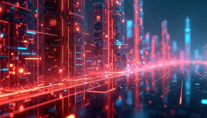 Futuristic digital city skyline shows glowing red and blue light trails. Data streams connect abstract buildings in high tech metropolis. AI network processes big data flow on circuit board landscape.