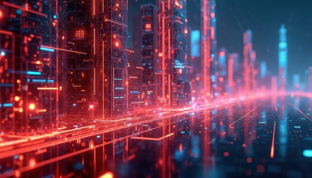 Futuristic digital city skyline shows glowing red and blue light trails. Data streams connect abstract buildings in high tech metropolis. AI network processes big data flow on circuit board landscape.