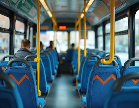 Empty city bus interior with blue seats and yellow handrails. Passengers sit in back, commuting to work. Public transport is a vital part of urban life.