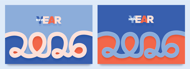 Playful modern New Year 2026 design featuring creative curved typography in bold blue and coral colors, symbolizing freshness, optimism, and dynamic energy for the upcoming year.