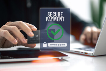 Man using credit card and paying via mobile banking app. Internet payment, online shopping, concept.