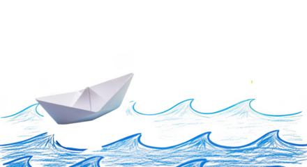 Paper boat sailing on dark water isolated on transparent background