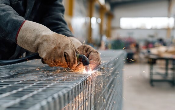 Hands welding galvanized steel mesh fence panels in a workshop during the day with sparks flying