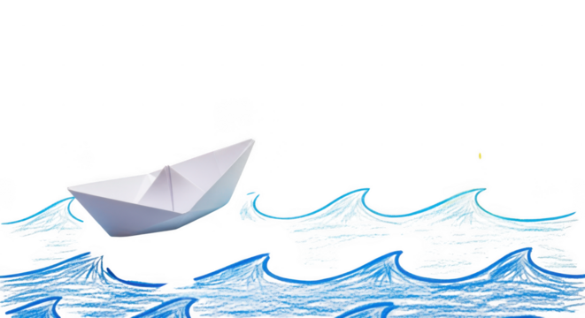 Paper boat sailing on dark water isolated on transparent background