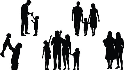Family, silhouette, children, adults, parenting, bonding, interaction, group, vector, black, white, relationship, care, love, walking, lifting, holding, illustration, template, design