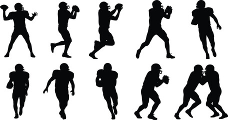 Football, silhouette, athlete, posture, gesture, throwing, running, catching, tackling, motion, sport, vector, black, white, design, illustration, template, concept, dynamic, action