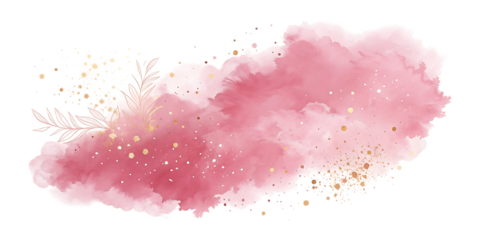 Abstract pink watercolor cloud with golden glitter accents on black background