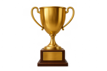 Golden award trophy cup on dark wooden base, symbolizing success, champion, winning, victory, achievement, and first place