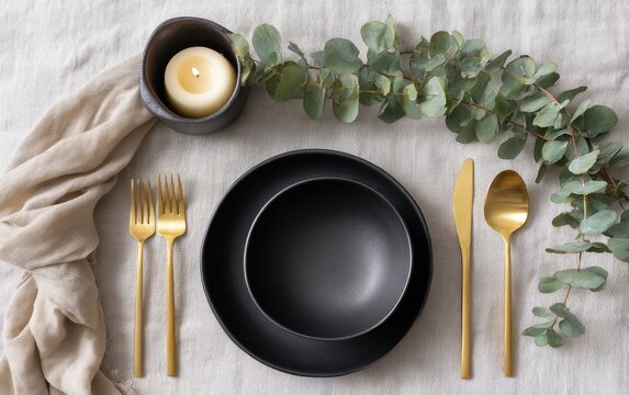 Elegant dining setup with black dinnerware and gold cutlery for a cozy evening