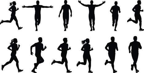 Running, silhouette, people, posture, gesture, athletic, motion, stride, jogging, exercise, fitness, vector, black, white, design, illustration, template, concept, movement, dynamic
