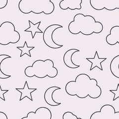 Seamless pattern featuring stars moons and clouds in a simple outlined style