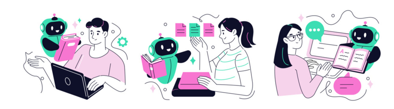 Characters teaching Ai robot assistant from data. Large language model training, neural network, machine learning concept collection. Doodle vector illustration set.