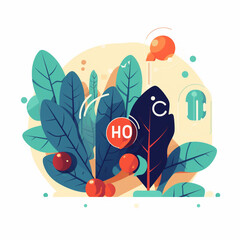 Whimsical botanical illustration isolated on white background, showcasing stylized plants, fruits, and weather elements in a playful and colorful design