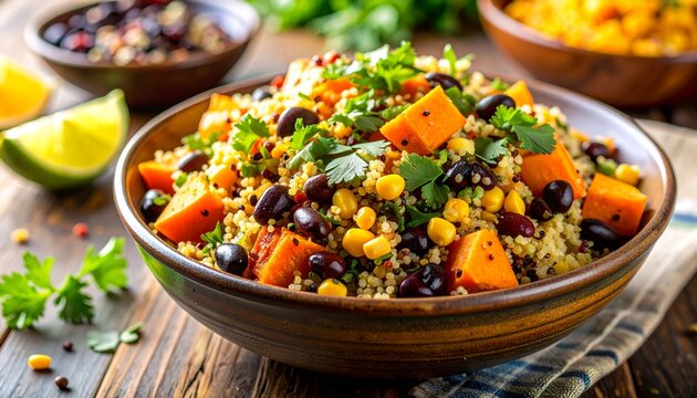 Healthy and flavorful quinoa salad with roasted butternut squash, black beans, and corn, garnished with fresh cilantro