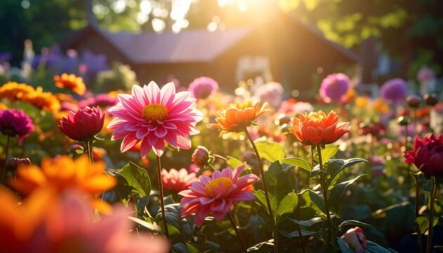 Colorful close-up of flowers in a garden with sun-drenched background