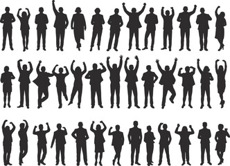 Silhouette, people, posture, gesture, standing, arms, raised, expressive, pose, interaction, vector, black, white, design, illustration, template, concept, movement, body, language