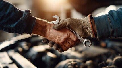 Mechanic's Hand Holding Tool Meeting Client's Hand — Service Interaction
