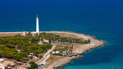 Aerial view of the white lighthouse of San Vito Lo Capo, on the coastline of the province of Trapani, Sicily, Italy. It is a lighthouse on the Tyrrhenian Sea coast. 