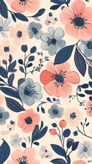 Delicate watercolor floral pattern with soft pink and blue blossoms and navy leaves