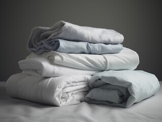 Neatly folded stack of fresh linens a pile of soft sheets and cozy blankets, isolated on white background, ready for a comfortable nights sleep