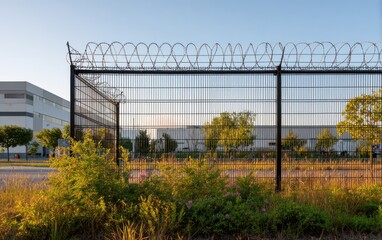 Black powder-coated steel mesh fencing with V-shaped design surrounding an industrial area during sunset