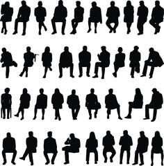 Silhouette, people, seated, standing, posture, gesture, design, architecture, scale, interaction, vector, black, white, illustration, template, concept, movement, frontal, side, figures, layout