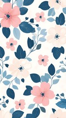 Delicate watercolor floral pattern with soft pink blossoms and deep blue foliage