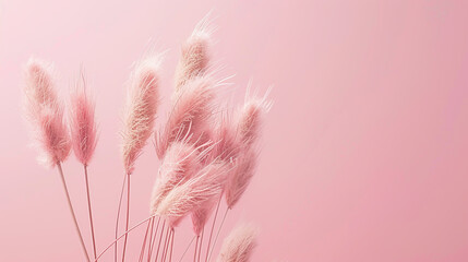 Delicate pink bunny tail grass plumes on a soft pink background create a serene and minimalist aesthetic, perfect for adding a touch of elegance