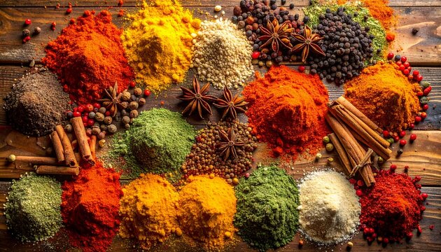 Vibrant Assortment of Colorful Spices A Culinary Spectrum of Flavors for Cooking and Culinary Delights
