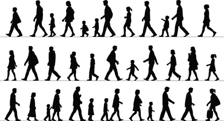 Walking, silhouette, people, adults, children, posture, gesture, stride, movement, diversity, age, vector, black, white, design, illustration, template, concept, motion, everyday