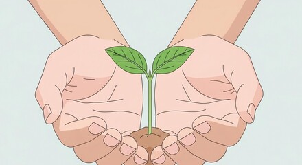 Nurturing hands gently cradling a delicate green plant sprout with soil.