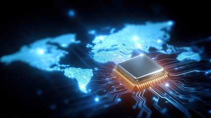 Holographic world map illuminated by neural circuit lines and glowing microchip at center conveying global connectivity and digital intelligence