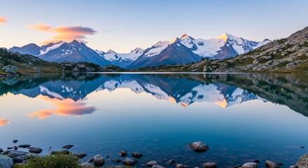 Serene mountain lake reflects snow-capped peaks and soft dawn sky.