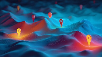 Illuminated location markers stand out across undulating digital terrain surfaces
