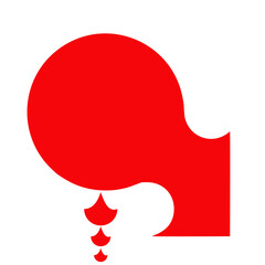 Bold red abstract design on a white background, featuring a large circular shape connected to a rectangular