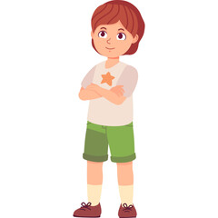 Pixel Art Style Young Boy with Brown Hair Wearing a White T-Shirt with Orange Star and Green Shorts Standing Confidently with Arms Crossed against a White Background
