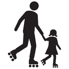 Black Silhouette Icon of Adult and Child Roller Skating Together