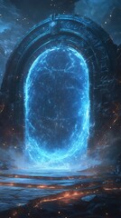 Enigmatic blue energy sphere emanates light amidst cosmic nebula and cityscape