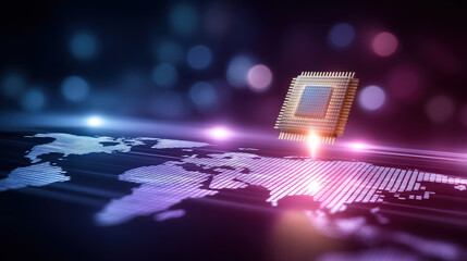 Glowing AI processor hovers above digital world map emitting neon light and network energy, futuristic technology concept with global connectivity and data flow in dramatic bokeh lighting