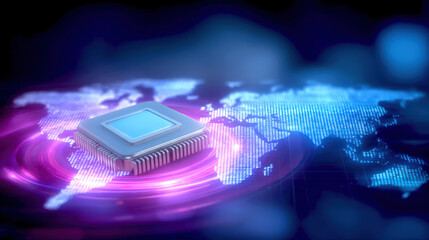 Futuristic processor chip floating above glowing digital world map with neon light rings and data glow conveying global connectivity and advanced technology