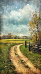Serene countryside path winding through lush green fields under a dramatic sky
